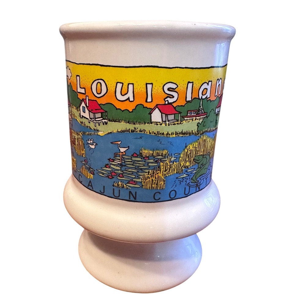 Vintage 1988 S.S.S. Louisiana Cajun Country Pedestal Mug White Excellent Bayou